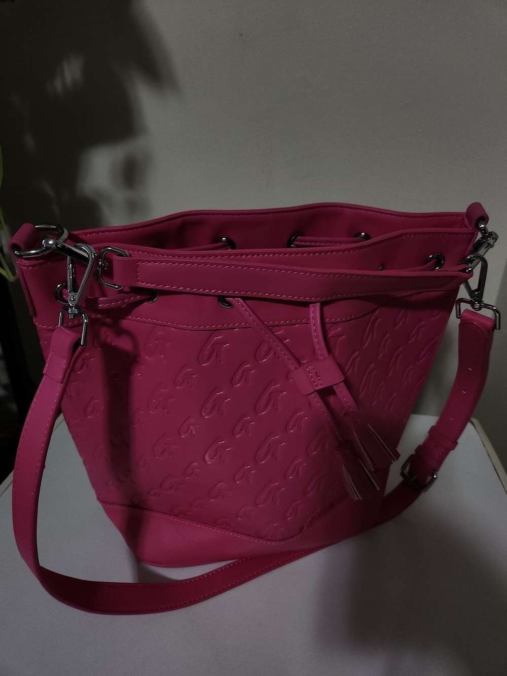 Hot Pink Women's Bucket Bag with Embossed Pattern